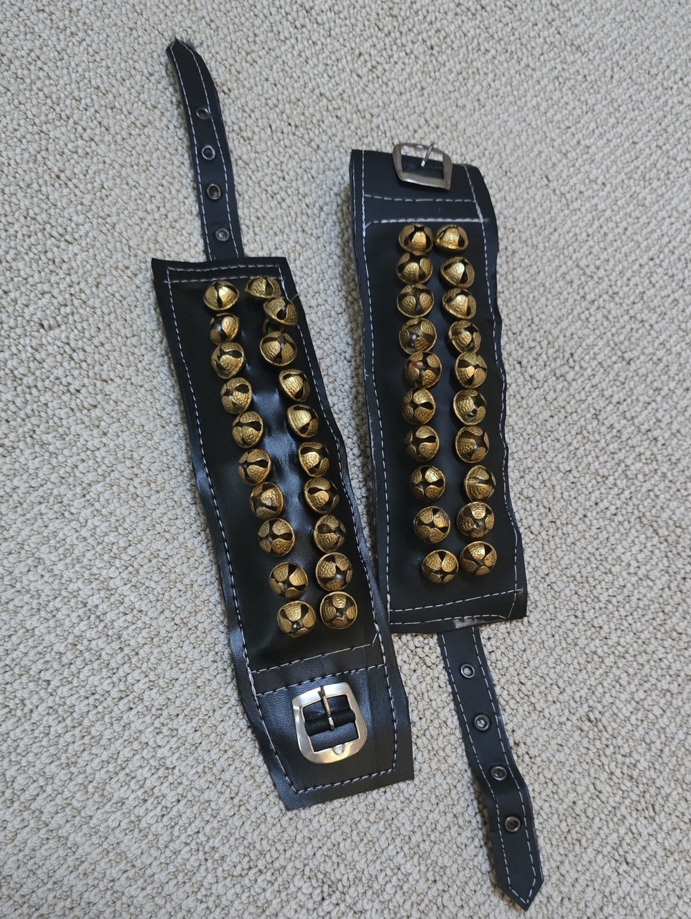 Black Faux Leather Strap Cuffs with Gold Jingle Bells for dance